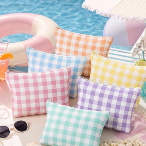 Reginary 12 Pcs Pastel Checkered Makeup Bags Bulk Gingham Cosmetic Bags | Gingham Pouches, Pastel Party Favors, Canvas Zipper Travel Bags, Women Girl Trip Weekend Vacation Bachelorette Party Gifts - style: Pastel Plaid
