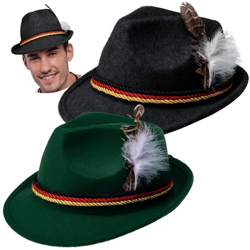 Spooktacular Creations Oktoberfest Hats, 2 PCS German Oktoberfest Costume Accessories Set, Green Black Felt Fedora Retro Hats for Adults Bavarian Alpine Halloween Dress Up, RolePlay Party - color: Green+black