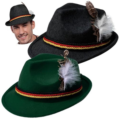 Spooktacular Creations Oktoberfest Hats, 2 PCS German Oktoberfest Costume Accessories Set, Green Black Felt Fedora Retro Hats for Adults Bavarian Alpine Halloween Dress Up, RolePlay Party - color: Green+black