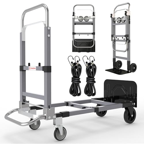 Suzhi Foldable Hand Truck Moving Dolly Cart with 4 Wheels, 500 Lbs Load,2 Straps, Pre-Assembled, Save Room, Easy Folding Dolly for Furniture, Appliances, Boxes, Warehouse & Office Transport - color: Silver