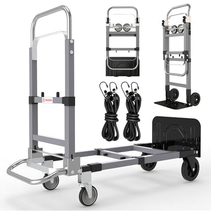 Suzhi Foldable Hand Truck Moving Dolly Cart with 4 Wheels, 500 Lbs Load,2 Straps, Pre-Assembled, Save Room, Easy Folding Dolly for Furniture, Appliances, Boxes, Warehouse & Office Transport - color: Silver