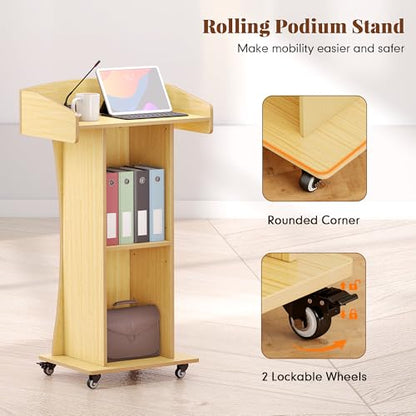 Podium Stand with Metal Wheels Wooden Lectern Podium Stand Portable Pulpit Standing with Storage Mobile Reception Podiums Desk for Church Office School Conference Restaurant Meeting,Oak - color: Wood