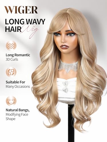 WIGER Long Wavy Hair With Bangs Flaxen Mix Blonde Curly Wigs | 26 Inch Synthetic Layered Wavy Hair for Women Daily or Halloween Cosplay Party Wigs - color: Blonde Highlight
