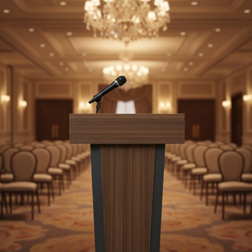 Wooden Podium Stand with Wheels, Stool and 2 Tier Storage, Wood Lecterns and Podiums with Storage, Premium Pulpits for Classrooms, Churches, and Conferences, 16MM Scratch-Resistant Finish - color: Brown/Grey