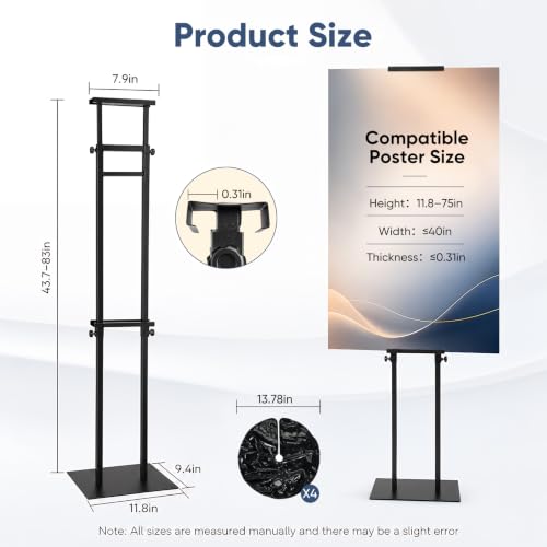 2 Pack Poster Stands for Display, Double Sided Sign Holder with Water Bags | 83 in max height; fits boards 11.8-75 in adjustable high, max 40 in wide and max 0.31 in thick; 4 fillable water bags