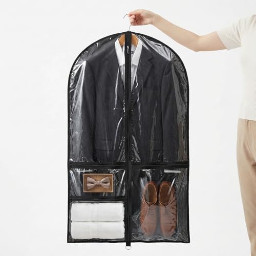 4 Pcs Garment Bags for Dance Costumes, 40 x 24 Inch Black PVC Garment Bag with 3 Zippers Pockets Foldable Costume Organizer Bag for Dance Competitions, Ballet, Theatre