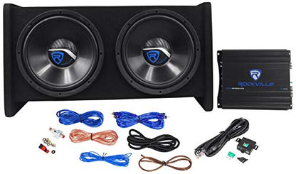 Rockville RV12.2B Dual 12" Car Subwoofer Enclosure with Mono Amplifier | 1200W Peak / 400W RMS, CEA Rated, 8 AWG Wiring Kit, Ported 15 Degree Cabinet, Bass Knob