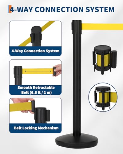 Commercial Retractable Belt Stanchion Set (2 Pack), Crowd Control Barrier with Heavy-Duty Metal Bases & 6.6ft Yellow Ropes, Carbon Steel Queue Post for Line Divider in Hotel, Theater and Concert - color: Yellow, size: 2 Pack