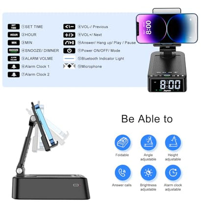 Gifts for Men Women, Phone Stand with Bluetooth Speaker 360° Rotable Angle | Phone Holder for Desk/ HD Subwoofer Sound/ Fits Smart Phones/Alarm Clocks - color: All Black