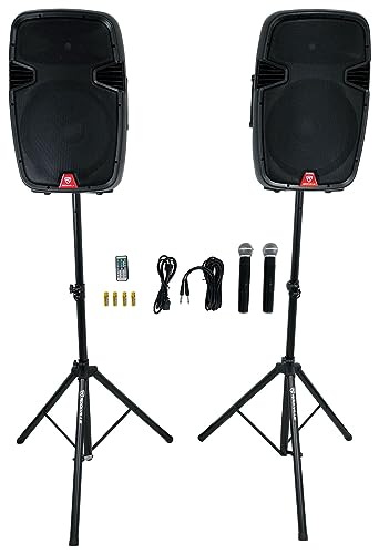 Rockville RAMSYS15 Bundle: (2) 15" Rechargeable DJ/PA Speakers, (2) Tripod Speaker Stands, (2) Wireless Microphones, 1000W Peak, Bluetooth, USB/SD, TWS, for Parties & Events, 6-Items