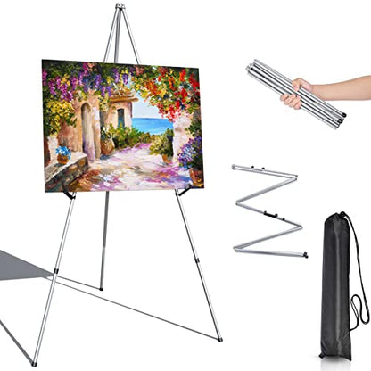Portable Art Easel Stand 63 Inches - Silver Picture Stands for Display w/Bag - Tabletop Art Easel Stand for Sign, Wedding Signs, Poster Stand, Painting Canvas Stand - Metal Tripod, Easels for Display - style: 63 Inch Argent Silver (1 pack)