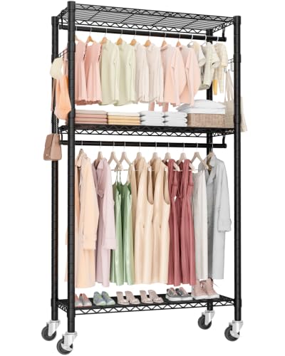 Heavy Duty Rolling Clothes Rack 3 Tiers, Metal Clothing Rack with Wheels, Adjustable Double Garment Rack, Closet Organizer System with 23.6" W x 15.7" D x 76" H, Max Load 400Lbs (Black) - color: Black, size: 23.6" W x 15.7" D x 76" H