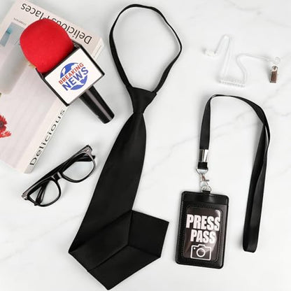 Journalist News Reporter Costume Accessories for Adult/Kids,News Reporter Set with Fake News Microphone Prop Press Pass Glasses Tie for Halloween Cosplay