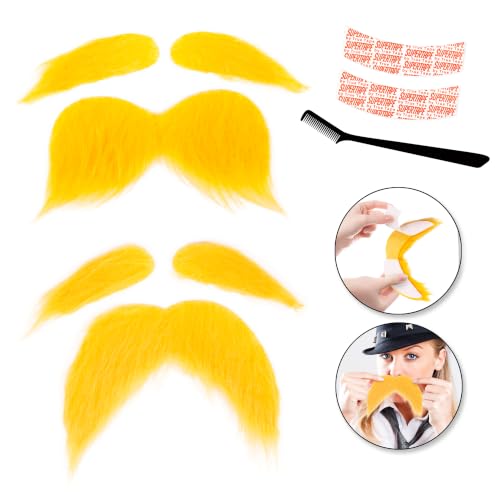 Kangaroo 2 Set of Self-Adhesive Yellow Fake Mustaches & Eyebrows for Adults | Funny Cosplay Eyebrows for Halloween, Dressup, Theater & Parties,Self-Adhesive Costume Accessories for Adults & Kids