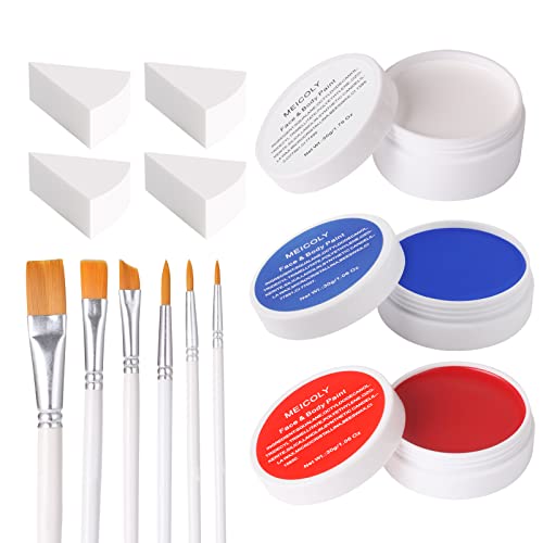 MEICOLY Red White Blue Face Body Paint Set,4th of July Accessories,4th of July Face Paint,4th of July Outfits for Women,Patriotic Independence Day Pride Face Paint with Painting Brushes and Sponges - color: White Blue Red Face Paint Kit