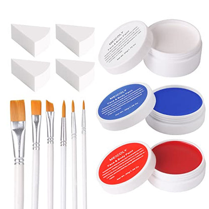 MEICOLY Red White Blue Face Body Paint Set,4th of July Accessories,4th of July Face Paint,4th of July Outfits for Women,Patriotic Independence Day Pride Face Paint with Painting Brushes and Sponges - color: White Blue Red Face Paint Kit