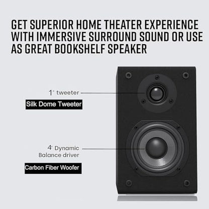 LONPOO Passive Bookshelf Speakers, 150W Wooden Cabinet Stereo Speakers Pair | 4" Carbon Fiber Woofer, 1" Silk Dome Tweeter, Amplifier Required, for Home Audio, Turntable & Record Player