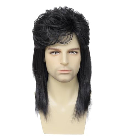 Men's 80s Black Rock Mullet Wig, Retro Voluminous Spiky Costume Wig, Ideal for Halloween, 80s Theme Parties, Rock Concerts and Cosplay (Black) - color: m2058-Black