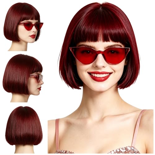 Short Bob Straight Hair Wigs with Bangs, Synthetic Fiber Colorful Hair, Cat Eye Glasses for Women (Burgundy) - color: Burgundy
