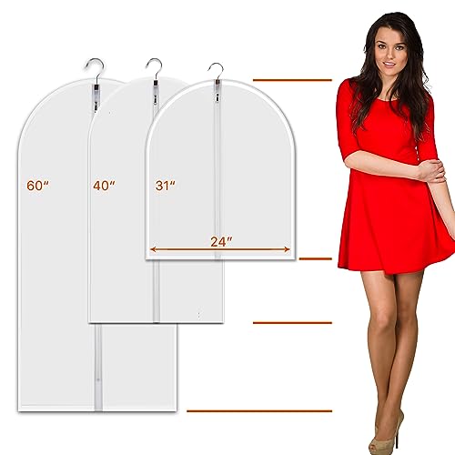Garment Bags 12 Pack, 24x60 Inch Clothes Covers, Extra Long | Dust Proof Breathable PEVA, Full-Length Zipper, 12 Extra-Long Bags, for Gowns, Dresses and Whole-Family Storage - size: 24" x 60" 12 Piece Set