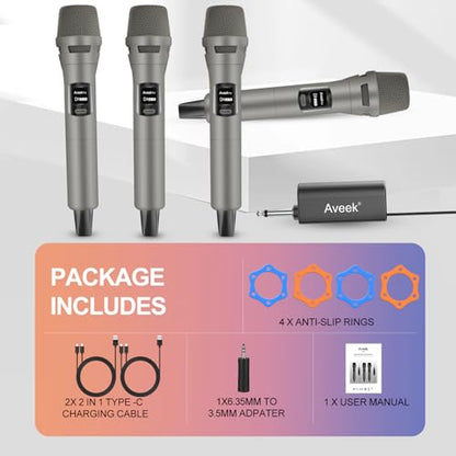 Aveek 4-Pack Wireless Microphone Set,100 ft Range,10Hs Battery for Karaoke | Rechargeable Receiver and Mics, Clear Sound, Noise Cancellation, Amps Via 6.35/3.5mm, for Church, Party, Wedding, DJ & Events - color: Brown