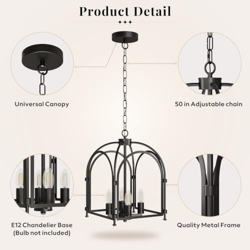 Phaosio 4-Light Black Chandelier, Farmhouse Lantern Chandelier | Industrial Metal Cage Light Fixture, Rustic Geometric Design, Adjustable Height, E12 Base, Kitchen Island, Entryway, Foyer - color: Black (Arch Cage)