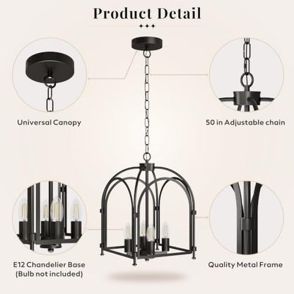 Phaosio 4-Light Black Chandelier, Farmhouse Lantern Chandelier | Industrial Metal Cage Light Fixture, Rustic Geometric Design, Adjustable Height, E12 Base, Kitchen Island, Entryway, Foyer - color: Black (Arch Cage)