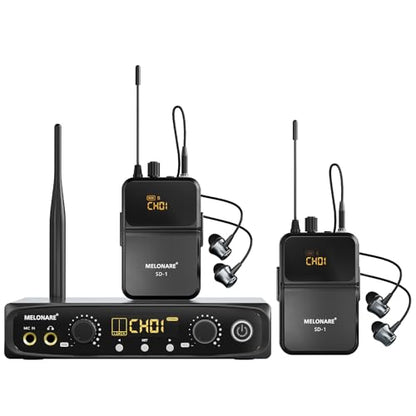 MELONARE Wireless IEM System Stereo/Mono 61 미터 SD-1-2R | 바디팩 수신기 2개, 이어폰, 10개의 가변 주파수, 61m 범위, 음악가, 밴드, 스튜디오