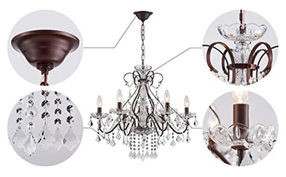 Saint Mossi 6 Light Crystal Chandelier Light Fixture Modern Chandelier Crystal Lighting, Crystal Pendant Raindrop Chandelier for Dining Room,Bedroom,Living Room,H23 x D24, 6-Light - color: Dark Brown