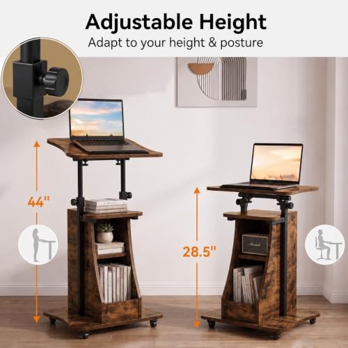POWERSTONE 2PCS Sit to Stand Mobile Lectern Podium Stand Rustic Brown - color: Rustic Brown, size: 2 pack