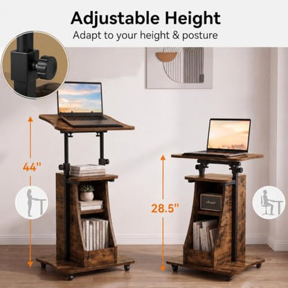 POWERSTONE 2PCS Sit to Stand Mobile Lectern Podium Stand Rustic Brown - color: Rustic Brown, size: 2 pack