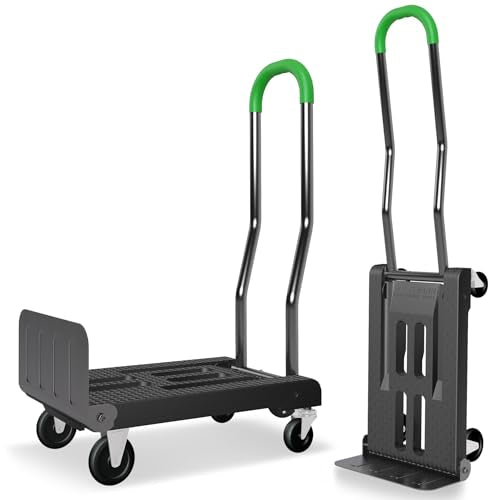 2-in-1 Convertible Hand Truck Dolly, 330LBS Capacity, 4-Wheel & 2-Wheel Modes, One-Button Switch, Foldable Lightweight Cart with Solid Rubber Wheels, Easy Assembly, Black & Dill Green - color: Black & Dill Green