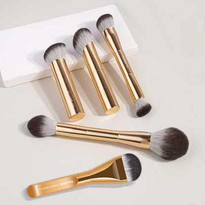 MAANGE 5 PCS Foundation Makeup Brush Set Double-ended Kabuki Mask Contour Brush for Liquid Powder Concealer Cream Cosmetics Blending Makeup Brushes (Gold) - color: Gold - 5Pcs