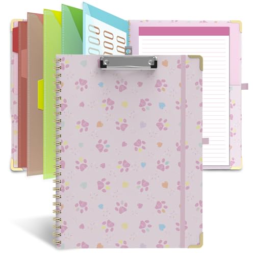 Clipboard Folio with Storage 8.5" X 11", Folder with 10 Pockets for Letter Size, Padfolio Organizer with Refillable Lined Notepad, Spiral Clipboards for School Office & Nursing-Pink Puppy Paws - color: Pink Puppy Paws