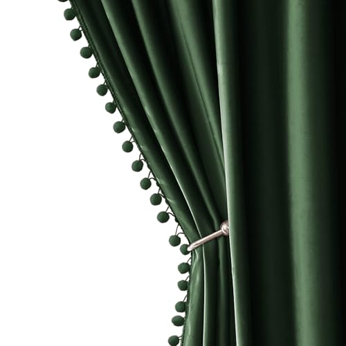 MIULEE Emerald Green Pom Pom Velvet Blackout Curtains, 52"x63" Set of 2 | Rod Pocket Curtains,Thermal Insulating,Christmas Blackout Curtains for Bedroom/Home Theater/Living Room Darkening - color: Emerald Green, size: 52"W x 63"L (Pack of 2)