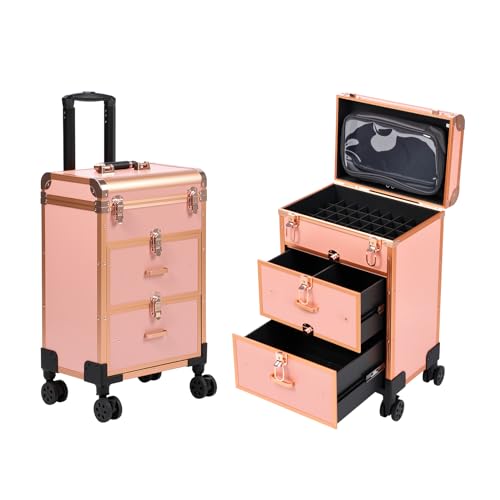 3 in 1 Rolling Makeup Case, Professional Cosmetology Case on Wheels, Detachable Clear Makeup Bag & Nail Polish Organizer, Portable Makeup Trolley with Drawers for Makeup Artists & Nail Technicians - color: Rose Golden