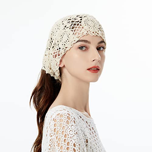 ZLYC Women Cotton Crochet Slouchy Beanie Hat Handmade Knit Summer Skull Cap | Lightweight breathable,boho casual chic look,travel photos festival party,café commute daily wear,beach concert gathering - color: Beige Ponytail