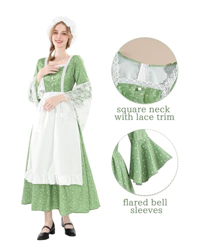 NSPSTT Prairie Dress Women Pioneer Dress Colonial Costume - color: Green Printing, size: X-Large