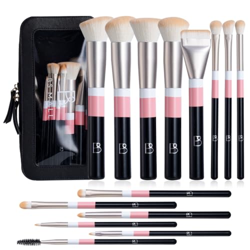 BS-MALL Makeup Brushes Set with Bag 14 Pcs, Travel Friendly Brush Set for Women, Powder Blush Eyeshadow Concealer Foundation Brush, Multi Purpose Daily Use Makeup Brush Kit