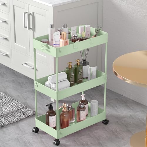 SPACELEAD 3 Tier Rolling Cart with Wheels, Storage Craft Art Trolley Organizer Serving, 3 Hanging Baskets Easy Assembly, for Office, Living Room, Kitchen, Green - color: Green