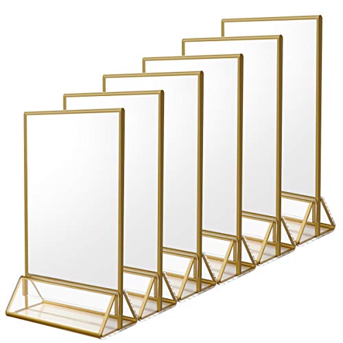 NIUBEE 5x7 Acrylic Sign Holder, Picture Frame, Wedding Table Numbers, 6pack | Vertical Stand, Gold Frames, Clear Double Sided, Gold Sign Holders Display for Menu Restaurant Signs, Photos, Party, Events - size: 5x7", style: Vertical