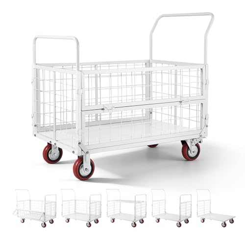 VEVOR Platform Truck Cart with Cage, 2000 lbs Capacity, 6-in-1 Foldable Flatbed Cart with Swivel Wheels, Heavy Duty Hand Truck, Multi-Functional Push Dolly, for Grocery Laundry, 44.5 x 26.6 x 42.1 in - size: 44.5 x 26.6 x 42.1 in/ 1130 x 675 x 1070 mm