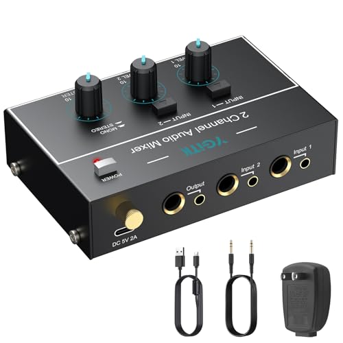 2 Channel Stereo Mixer 1/4" 1/8" TSR Audio Output/Input Jacks for Guitars | YGiTK Independent Control and Switch for Dual Mono/Stereo Modes, Type-C Powered, Line Mixer for Bass, and Dynamic Microphones - size: Small(2-channel)