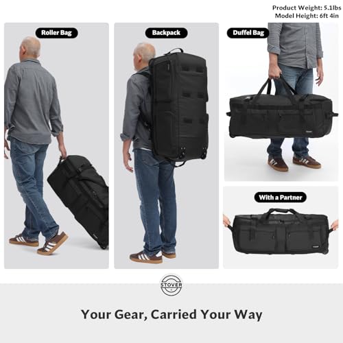 STOVER 45/80/100L U-Zip Rolling Duffel Bag with Wheels, X-Large Durable Travel Duffle + Toiletry Bag, Lay-Flat Opening, Packable w/Shoulder Straps- Use as Luggage or Backpack, Men/Women (Black) - color: U-Zip Voyager Black