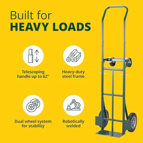 Harper Trucks JEDT8635P Convertible Hand Truck, 600/700 lb Capacity | Converts from a 600 lb two-wheel dolly to a 700 lb four-wheel cart with flat-free rubber wheels for moving and delivery