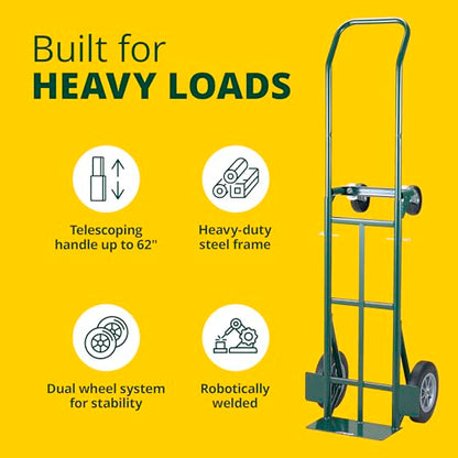 Harper Trucks JEDT8635P Convertible Hand Truck, 600/700 lb Capacity | Converts from a 600 lb two-wheel dolly to a 700 lb four-wheel cart with flat-free rubber wheels for moving and delivery