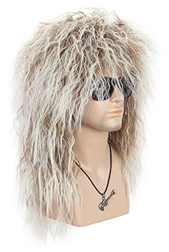 VGbeaty Men Women Long Curly Brown Gradient White 70s 80s Rocker Mullet Wig Halloween Costume Cosplay Wig | 70s 80s Rocker Halloween Costume Cosplay Wig - color: Brown and White