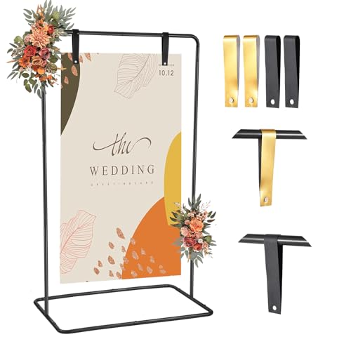 Wedding Welcome Sign Heavy Duty Black Easel Stand With 4 Leather Strap | 68”x31”x 20” Welcome to Our Wedding Sign Holder, Metal Floor Standing Easels for Valentines Day, Signs, Poster - color: Black
