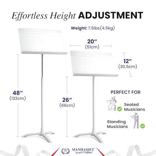 Manhasset Music Stand For Sheet Music - 48 Symphony Model - 4801MWH - Long Lasting, Durable Manhasset Stand - Adjustable Height - 20" by 12 | Long Lasting Durable Manhasset Stand, Adjustable Height, 20" x 12" Desk, Classroom, Orchestra and Band Use - colo