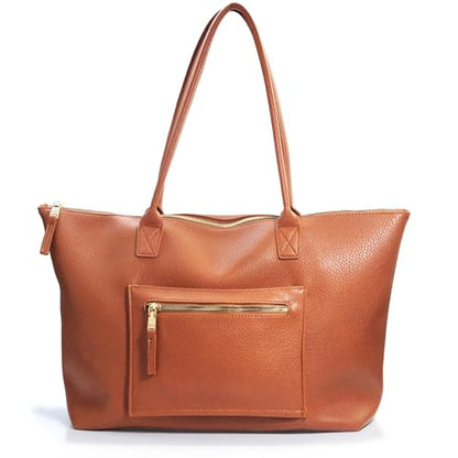 HOXIS Tote Bag for Women with Zipper Vegan Leather Handbag with Trolley Sleeve Travel Weekender Carryall Bag - color: Orange-brown